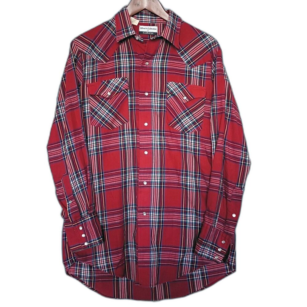 Vtg Pearl Snap Red Plaid Rodeo Shirt Silver Collection Karman 16x33 Long Tails